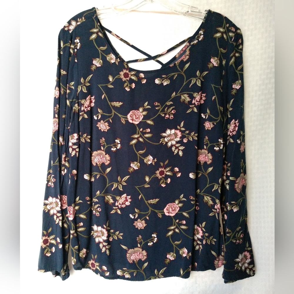 Floral Blouse Shirt Top Blue Pink Cottagecore Faded Glory Medium Chest 38"